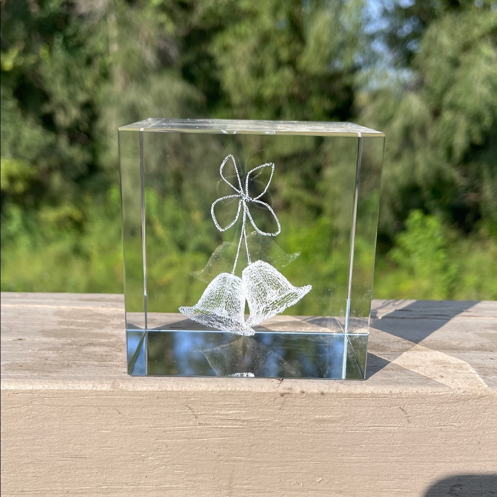 NWT Crystal Laser Paperweight Etched Bell Art Piece